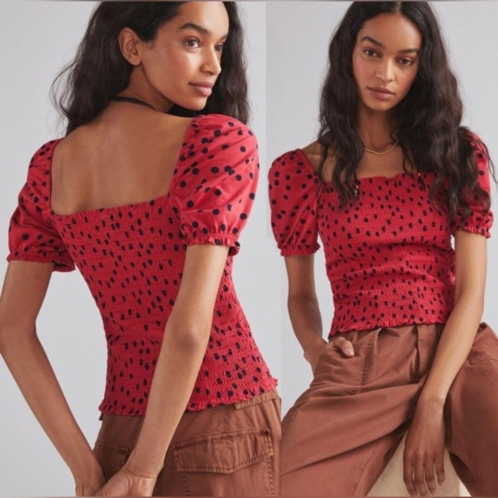 Dolan By Anthropologie Red Polka Dot Smocked Top NWT Size XL‎